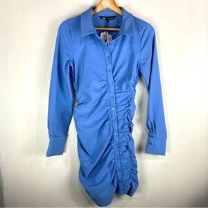 Zara Ruched Draped Fitted Full Button Up Down Blue Mini Shirt Dress Medium (NWT)